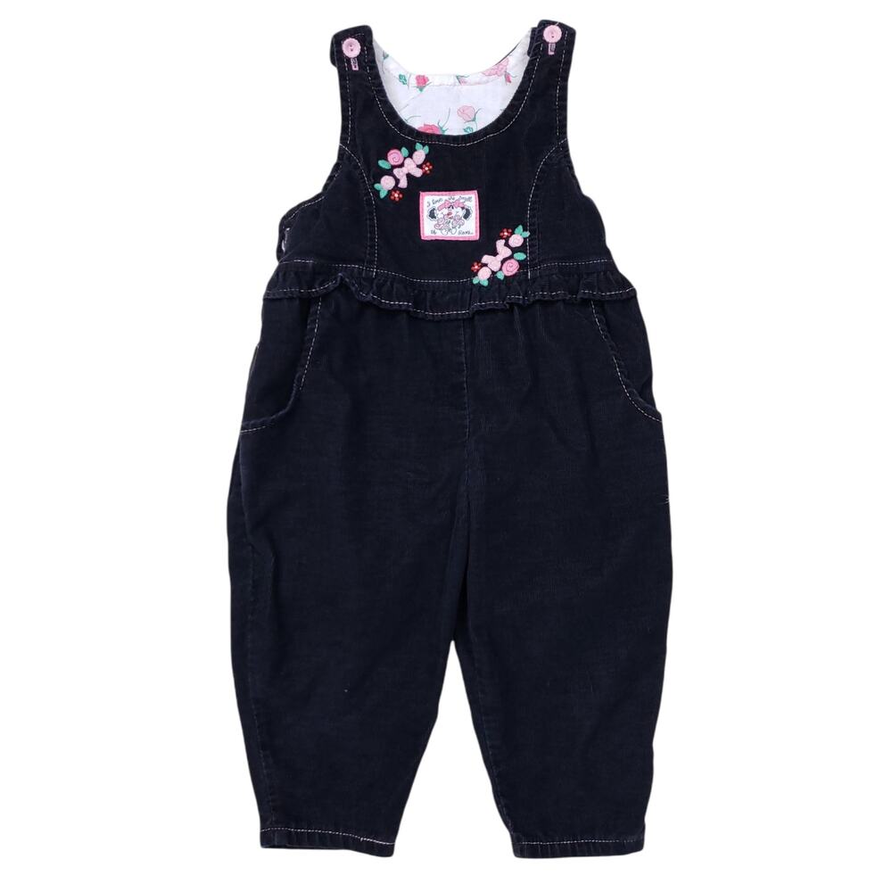 Vintage Healthtex Gray Corduroy Overalls Pink Floral Roses Patch Embroidery Sz 4